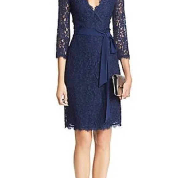 Diane Von Furstenberg Womens Julianna Wrap Dress 14 Silver Gray Lace 3/4 Sleeve - Picture 5 of 5